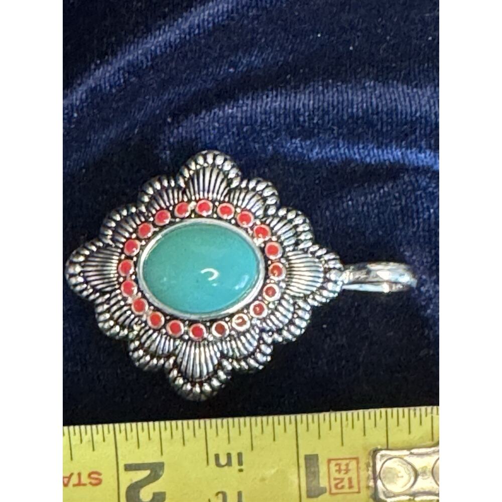 Vintage Southwest Style Turquoise Red Cabochon Silver Tone Statement Pendant - Picture 4 of 4